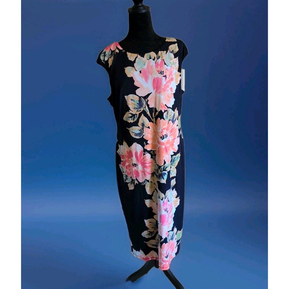 London Style Collection Dress Womens 16 Navy Pink Floral Sheath Cap Sleeve Party